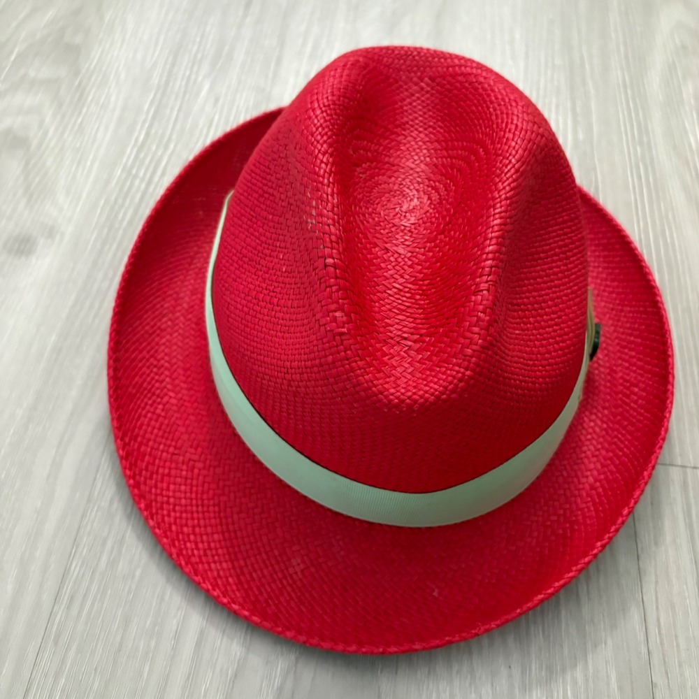 Bigalli Unique Panama Hat Red Fedora Straw Mint Green Band Made in Ecuador Siz M